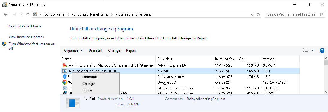 DelayedMeetingRequest addin uninstallation picture 1